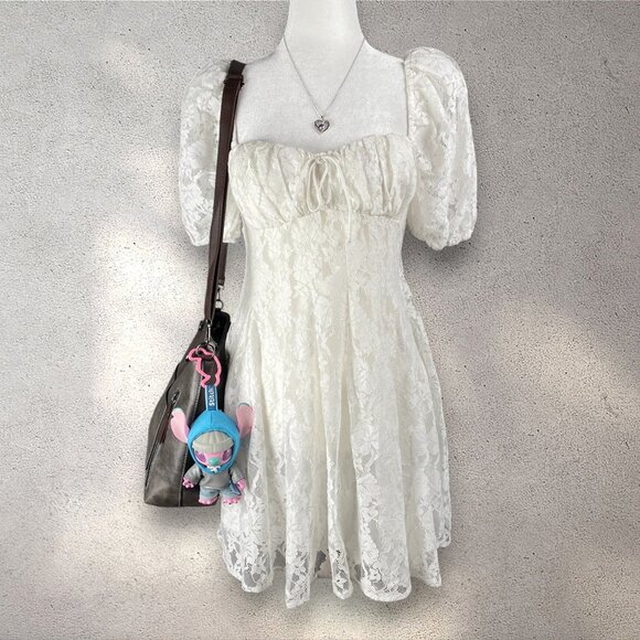 Astr Dresses & Skirts - ASTR The Label Women’s S White Lace Puff Sleeve Mini Dress Coquette Cottagecore